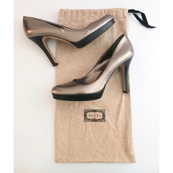 GUCCI Silver Blush Metallic Leather Platform Heels Sz 8 Made in Italy Wood Heel - Picture 14 of 16